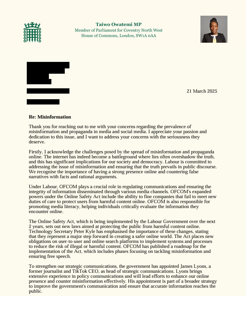 Reply from Taiwo Owatemi about misinformation online