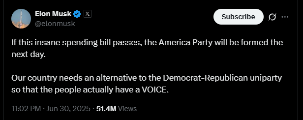 If this insane spending bill passes, the America Party will be formed the next day. - Elon Musk