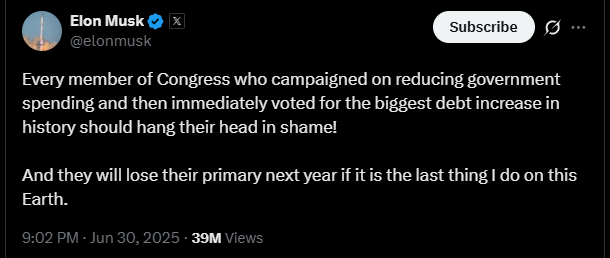 Every member of Congress who campaigned on reducing government spending and then immediately voted for the biggest debt increase in history should hang their head in shame! - Elon Musk